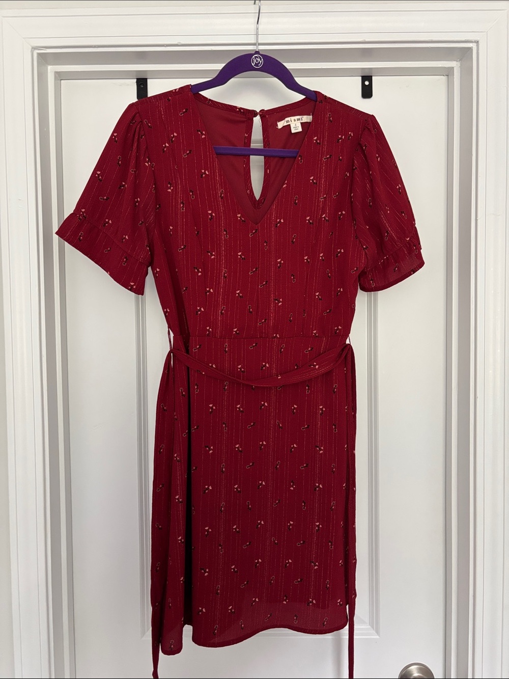 miami Burgundy V-Neck Short Sleeve Mini Dress with Waist Tie